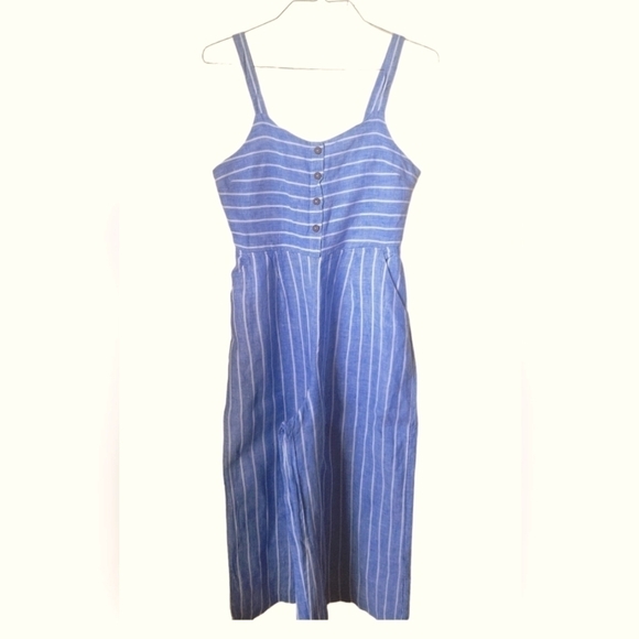 C & C California Blue & White Stripe Linen Wide Cropped Legs Jumpsuit Sz 8 - Picture 2 of 11